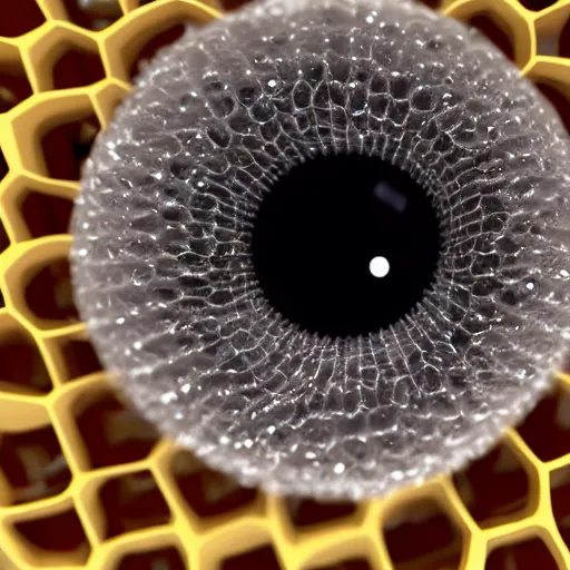 Prompt: closeup of a human eye made but the pupil is a little honeycomb of bubblewrap plastic, hyper detailed 3d render