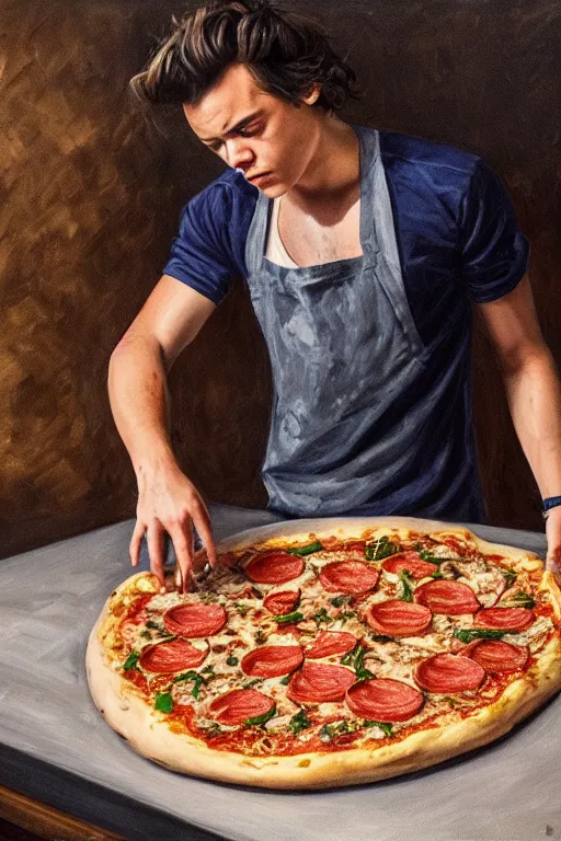 Image similar to Harry Styles making a pizza, oil on canvas, intricate, portrait, 8k highly professionally detailed, HDR, CGsociety