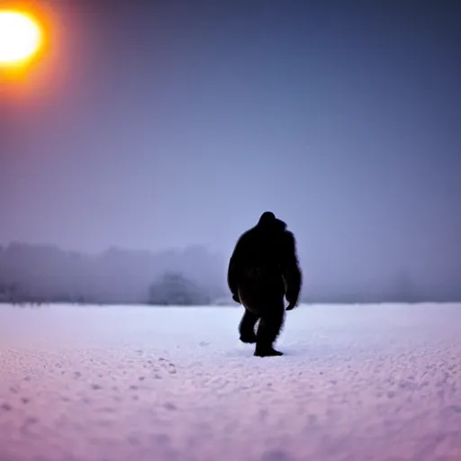 Image similar to a purple gorila, walking in snow, sunrise, wide photo, 4 k