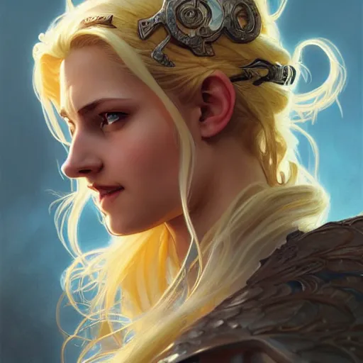 Image similar to an epic fantasy comic book style portrait painting of a young blonde girl thief, d & d, fantasy, joyful smirk, intricate, elegant, highly detailed, digital painting, artstation, concept art, matte, sharp focus, illustration, art by artgerm and greg rutkowski and alphonse mucha