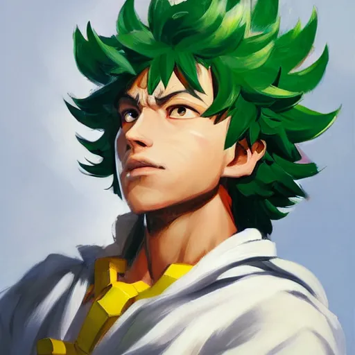 Image similar to greg manchess portrait painting of izuku midoriya as overwatch character, medium shot, asymmetrical, profile picture, organic painting, sunny day, matte painting, bold shapes, hard edges, street art, trending on artstation, by huang guangjian and gil elvgren and sachin teng