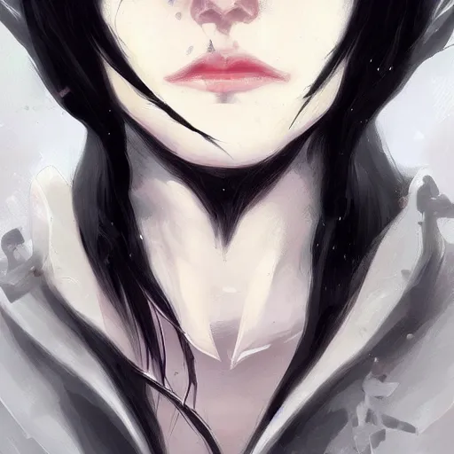 Prompt: female human vampire witch in the style of greg rutkowski, makoto shinkai, trending on artstation, character design, concept art, pretty face, highly detailed, long black hair, portrait, digital art