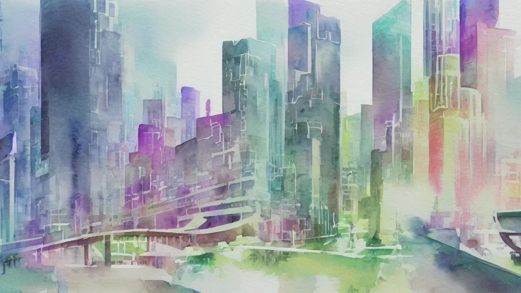 Image similar to watercolor mockup of modern future city, quick aquarelle painting