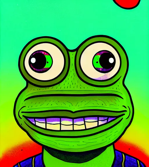 Image similar to portrait of pepe the frog in summer dawn, in comic style by matt furie, positive atmosphere, cool vibes, bao phan, deep depth field, masterpiece, cinematic composition, hyper - detailed, hd, hdr