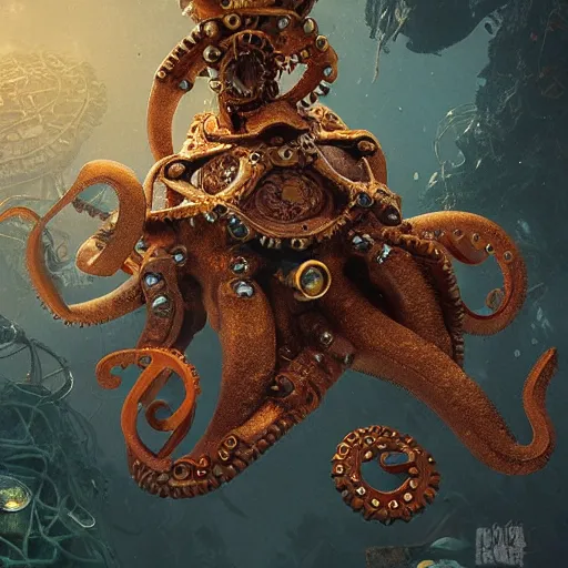 Image similar to underwater steampunk pirate octopus, hyper detailed, digital art, trending in artstation, cinematic lighting, studio quality, smooth render, unreal engine 5 rendered, octane rendered, art style by klimt and nixeu and ian sprigger and wlop and krenz cushart.