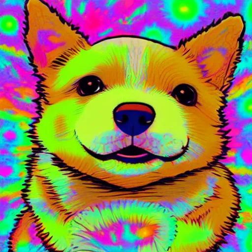 Prompt: a cute corgi puppy in a strange alien landscape, psychedelic poster art