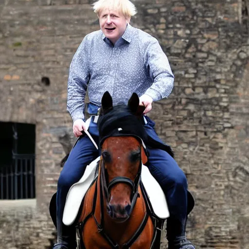 Image similar to Boris Johnson riding a horse with armour and a sword, photo