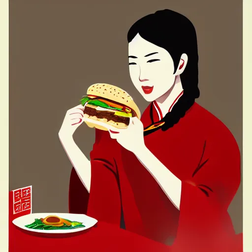 Prompt: ancient Chinese person eating a burger in communist propaganda poster. Artstation. High quality. 4k. Beautiful art.