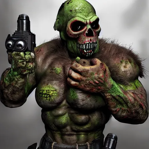 Prompt: ultra realistic, photo realistic super mutant with mini guns 7 5 mm, massive over 1 5 feet tall, dual - wield mini - guns, ragnoraking, massacring the nypd octane rendering, unreal engine, digital art, 8 k resolution, mutant wears day of the dead mask, in style of beeple,