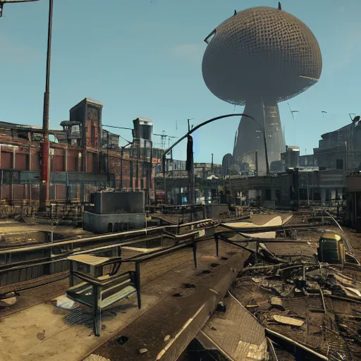 Image similar to Rotterdam Centraal Station in ruins post-nuclear war in Fallout 4, in game screenshot