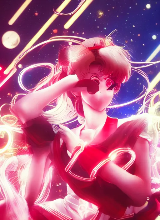 Image similar to sailor moon possing, fluent composition, red and white neon, concept art, ambient light, 4 k, intricate details, highly professionally detailed, cgsociety, highly detailed -