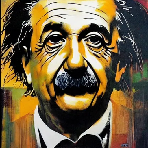 Prompt: portrait of albert einstein by karol bak, banksy, simon bisley, guy denning, mimmo rotella, ravi zupa