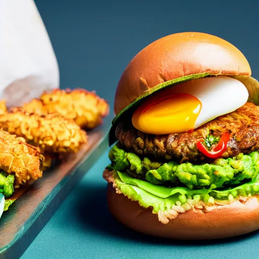 Image similar to juicy vegan hamburger with guacamole topping and crispy fried onion topping and a fried egg topping, crispy buns, 8 k resolution, professional food photography, studio lighting, sharp focus, hyper - detailed