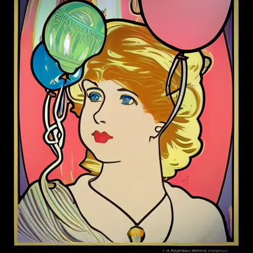 Image similar to balloon pop art in the style of alphonse mucha