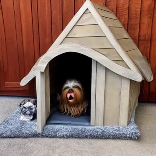 Image similar to chewbacca sleeping in a dog house