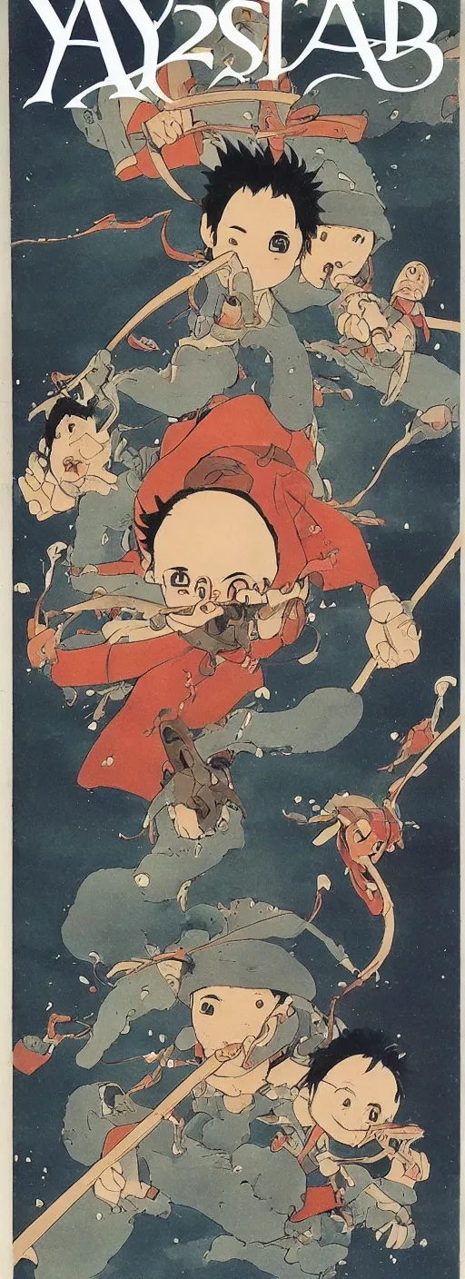 Prompt: a rare art book cover by hayao miyazaki and miyazaki's master yasuo otsuka and their early animations, beautiful art, magazine cover