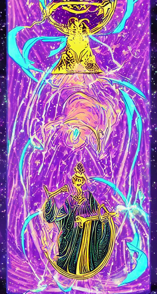 Prompt: tarot card of the magician, vaporwave style