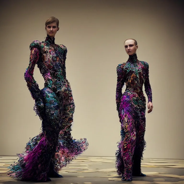Prompt: beautiful cinematic fantasy character concept of lone elegant beautiful supermodel woman standing in the back of an empty room wearing colorful and detailed textured futuristic haute couture by iris van herpen and Yohji Yamamoto and Neri Oxmanand Niccolo Casas and anouk wipprecht and behnaz farahi and jessica rosenkrantz and noa raviv and jun kamei, one person, at a distance, full subject in frame, alone, hybrid, by artgerm; wayne reynolds art station; cinematic quality character render; low angle; ultra long shot, vibrant colors, ultra high quality model; production quality cinema model;