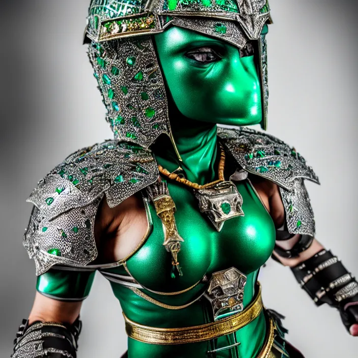 Image similar to photograph of a real-life beautiful! female warrior with emerald encrusted armour. Extremely detailed. 8k