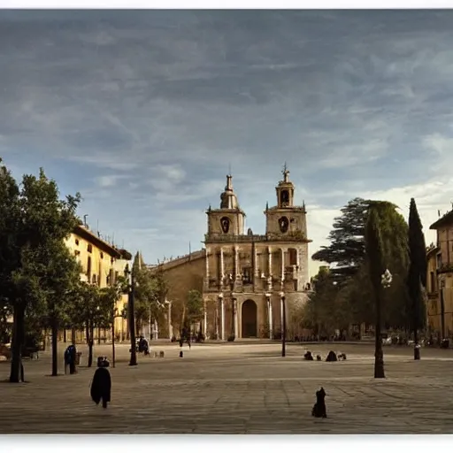 Image similar to el escorial square with the sanctuary of the virgen de gracia, by martin rico y ortega