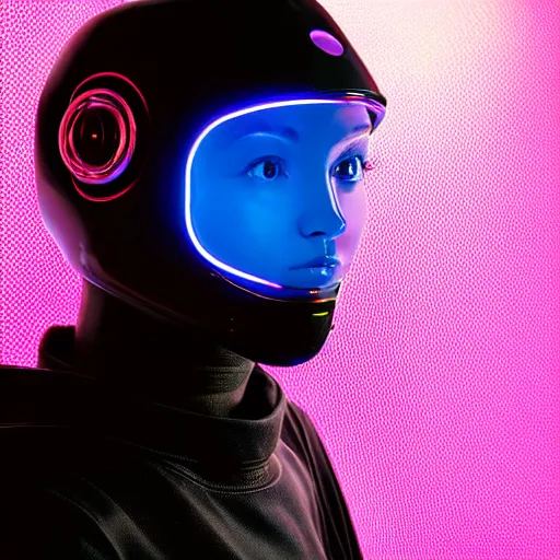 Image similar to photo of robot with 2 0 yo girl inside, leds visor helmet, profile pose, bust shot, high detail, studio, black background, smoke, sharp, cyberpunk, 8 5 mm sigma art lens