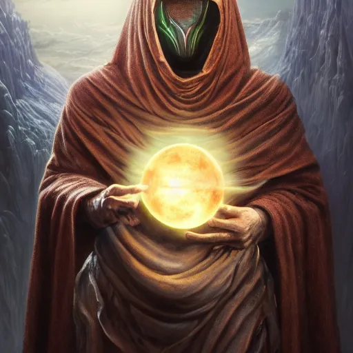 Image similar to masked nomad male wearing a cloak on an alien world and holding a holographic planet projection in his hand, detailed, sci - fi, digital painting, artstation, sharp focus, illustration, ominous, artgerm, tomasz alen kopera, peter mohrbacher, donato giancola, joseph christian leyendecker, wlop, frank frazetta