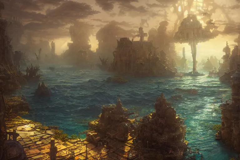 Image similar to a scenic landscaping view of the lost and abandoned city of Atlantic under water, ray of sunlight, mermaids in distance, Greg Rutkowski, Moebius, Mohrbacher, Mucha, blue and gold color scheme, ultra wide angle, ultra detailed, light effect