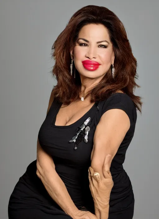 Image similar to dslr photo portrait still of 5 1 year old age 5 1 selena quintanilla at age 5 1!!!, 8 5 mm f 1. 8, studio lighting, vogue