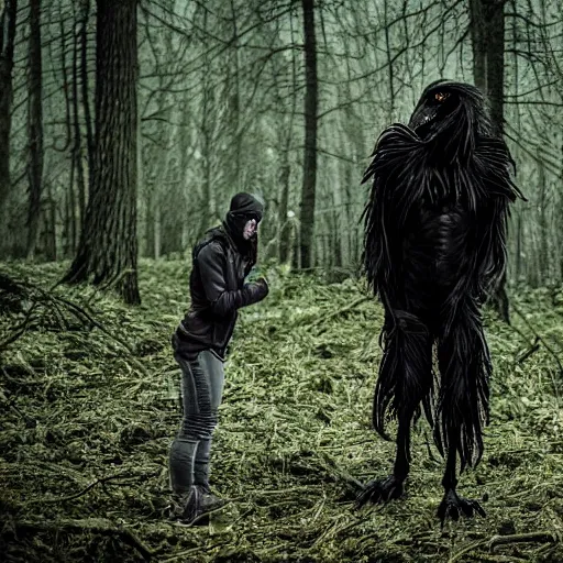 Image similar to werecreature consisting of a crow and a human, photograph captured in a dark forest