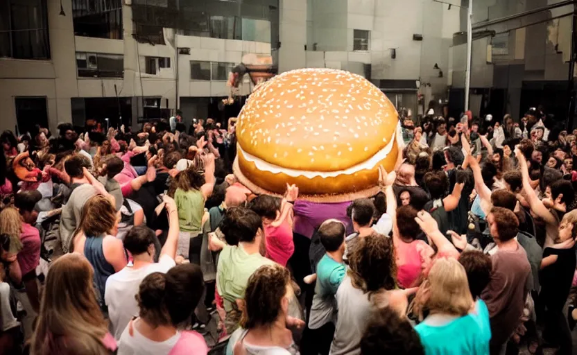 Image similar to a crowd of people dancing in a party around a giant hamburger,