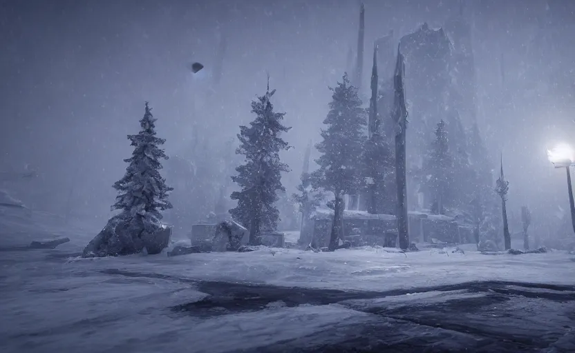 Image similar to winterfall in the snowstorm, doomy, Unreal Engine, cinematic photography, highly-detailed, games of thrones, HBO, high resolution, 8k, photorealistic, stunning volumetric lighting