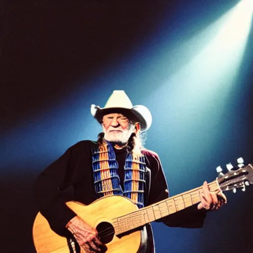 Image similar to willie nelson on stage, guitar. god rays through fog.