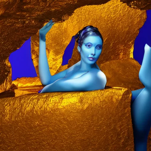 Image similar to seductive divine goddess with bright blue eyes and golden robe in a dark cave, photo 3 d,