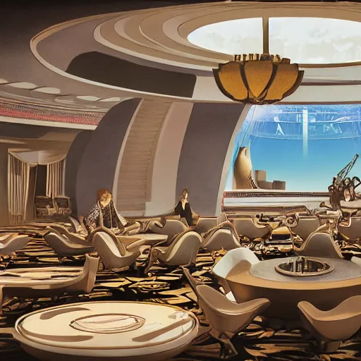 Image similar to the council of all worlds, science fiction, opulent, huge 7 0 s hotel, logan's run, syd mead, retrofuture, octane render