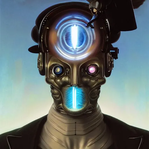 Image similar to an amish cyborg with one robotic eye, electrical charges sparkling within his hair, highly detailed by peter mohrbacher, hajime sorayama, wayne barlowe, boris vallejo, aaron horkey, gaston bussiere, craig mullins