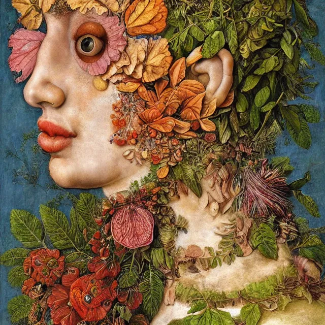 Prompt: a beautiful profile portrait of a beautiful female, leaves, by giuseppe arcimboldo,, psychedelic, surreal, dreamlike, environmental friendly, nature.