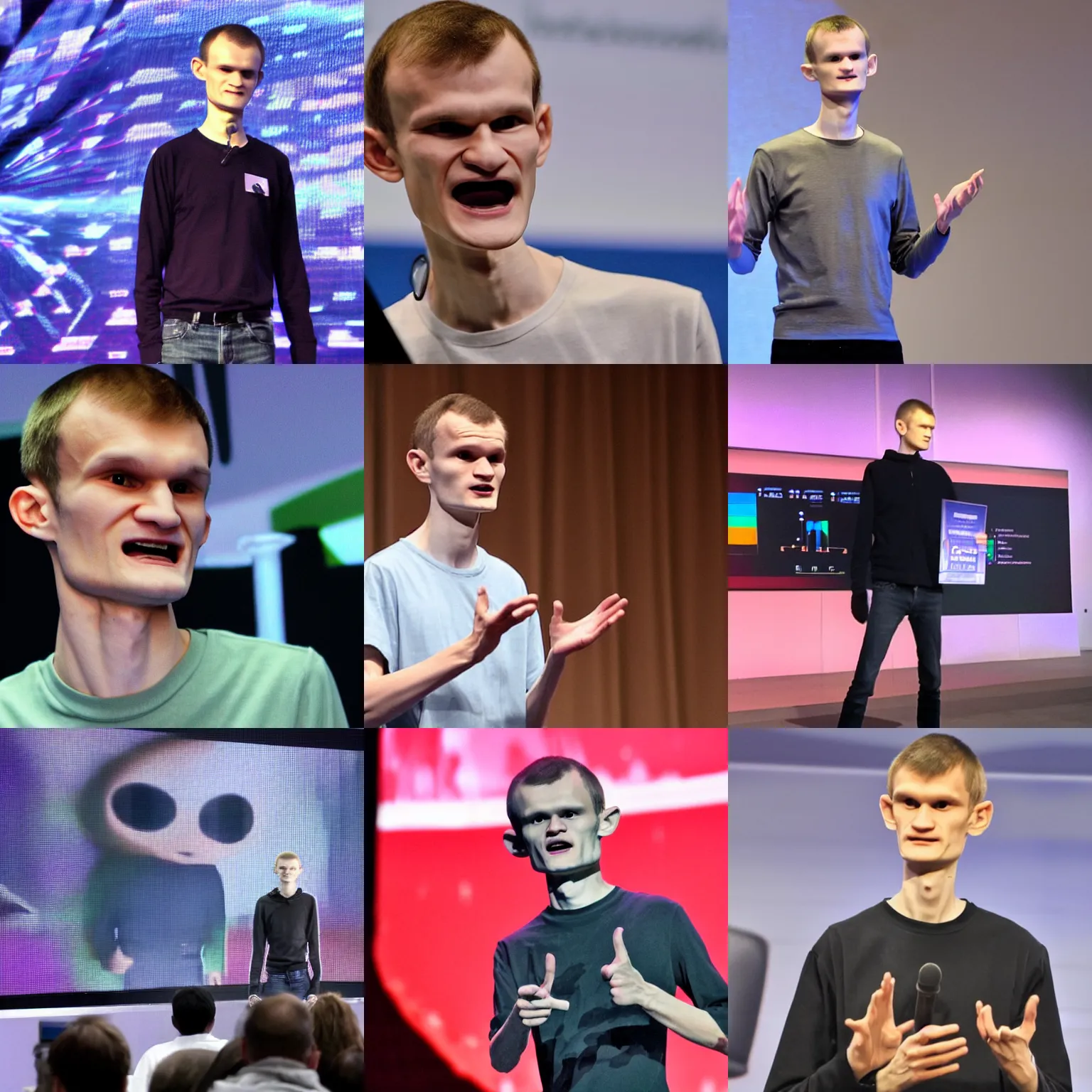 Prompt: <picture quality=hd+ mode='attention grabbing'>Vitalik Buterin as an alien presenting onstage</picture>