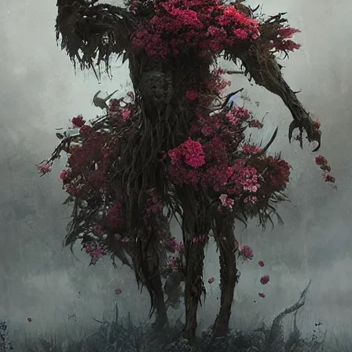 Image similar to a beautiful terrifying monster made out of flowers. ethereal horror fantasy art by greg rutkowski