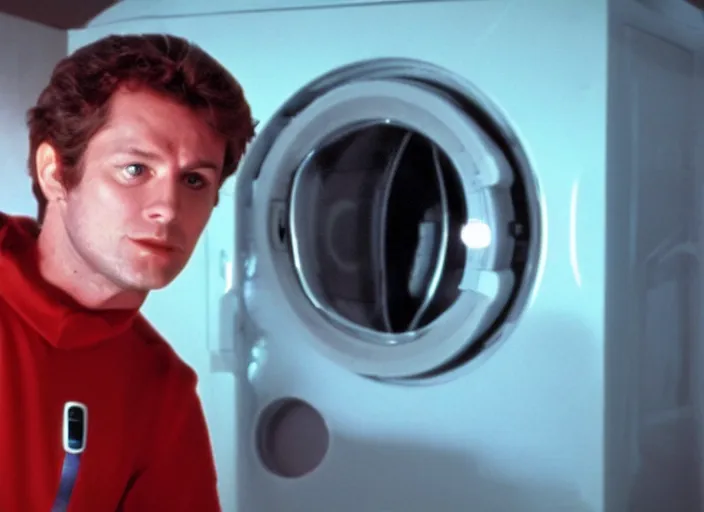 Prompt: film still of HAL from 2001 A Space Odyssey as a washing machine that glows red inside the washing machine