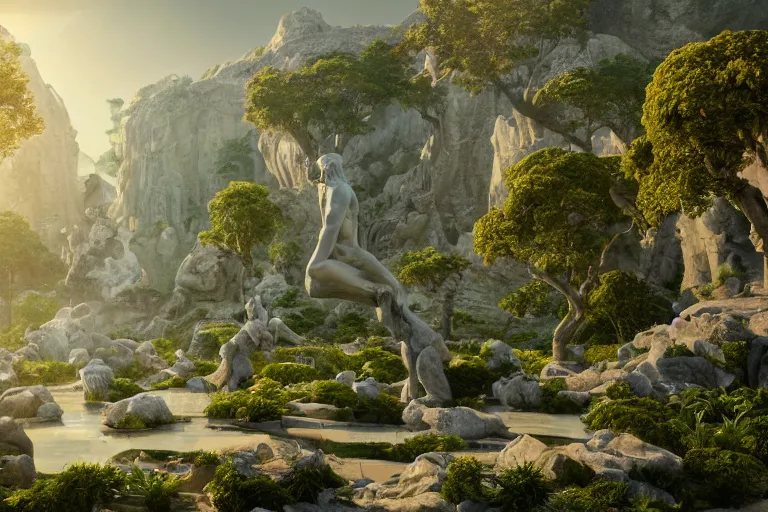 Image similar to greek god marble statue at the civilization gate,, floating islands connected with roots, avatar like landscape, high - tech space cult with trees and plants and alien flowers, dramatic lighting, epic, octane render, volumetric light, unreal engine, artbreeder, 8 k, background, scene, digital, artwork, high quality, 8 k