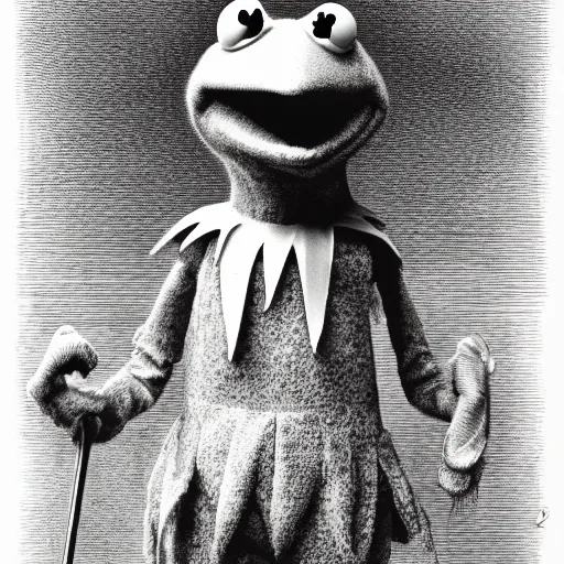 Image similar to Kermit the Frog from Sesame Street by Gustave Dore, full body grayscale drawing