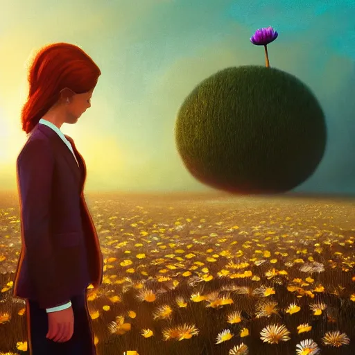 Prompt: giant daisy flower head, frontal, a girl in a suit, surreal photography, sunrise, dramatic light, impressionist painting, digital painting, artstation, simon stalenhag