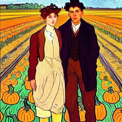 Image similar to painting of handsome young delicate beautiful jeffrey in his 2 0 s with brown hair and gorgeous rina together at the pumpkin patch in october, elegant, clear, painting, stylized, art, art by alphonse mucha, vincent van gogh, egon schiele