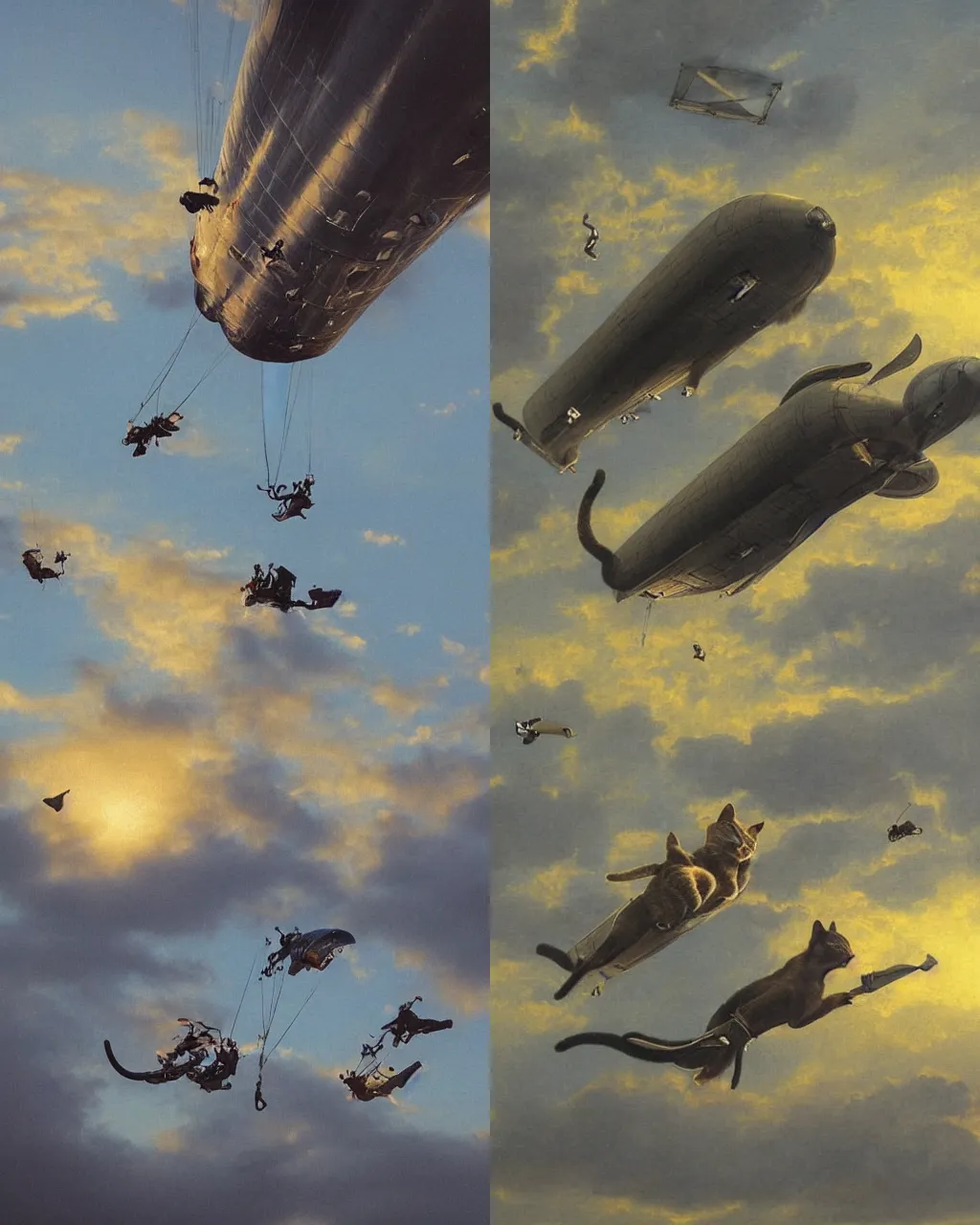 Prompt: cats skydiving from an airship at dusk, high detail