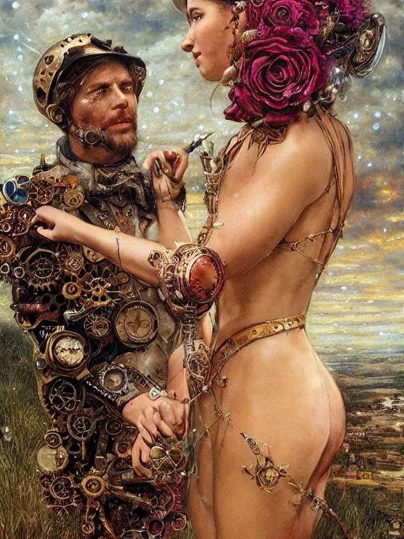 Image similar to a steampunk rose sword piercing a human heart who embellished gears wheels and gemstones,in the rain,by William Holman Hunt,Greg Rutkowski,Stanely Artgerm,peter gric,aaron horkey,trending on pinterest,luxury,mythological,ultra realistic,high detail,concept art,golden ratio,cinematic lighting,maximalist