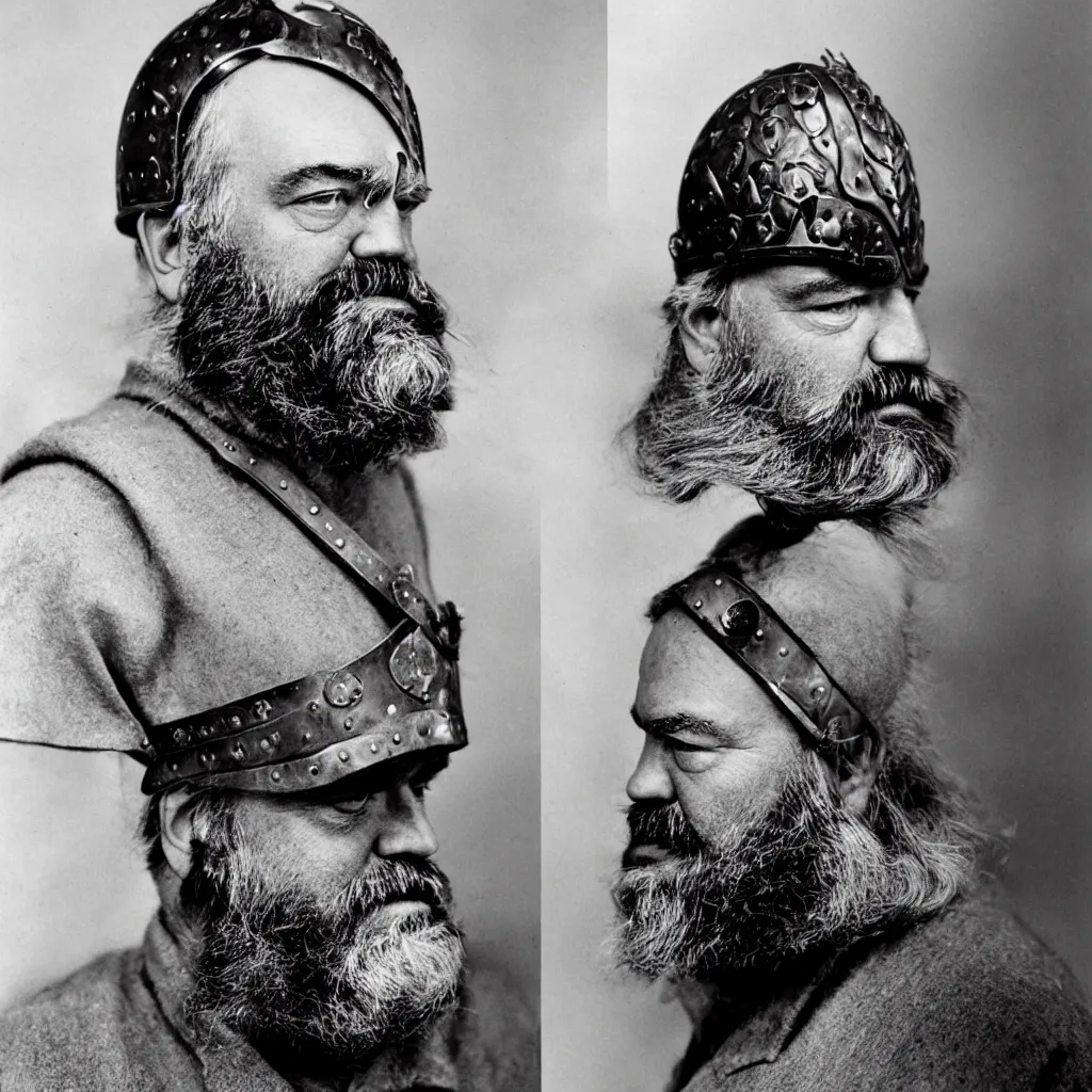 Prompt: An Alec Soth portrait photo of Ernest Hemingway wearing a Viking Helmet