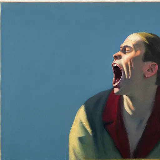 Image similar to a painting of a man screaming because of his sadness, the background is a blue sky with clouds, Edward hopper, 4k,