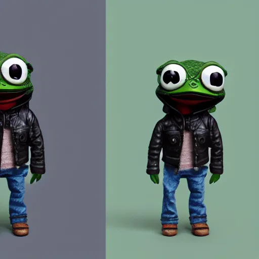 Image similar to perfectly accurate miniature figure of pepe the frog wearing jeans and a black leather jacket, soft textures, skin texture, clothing, 3d sculpture, textured, fine detail, lifelike, photo, high resolution, octane render, post processing, after effects, trending on artstation