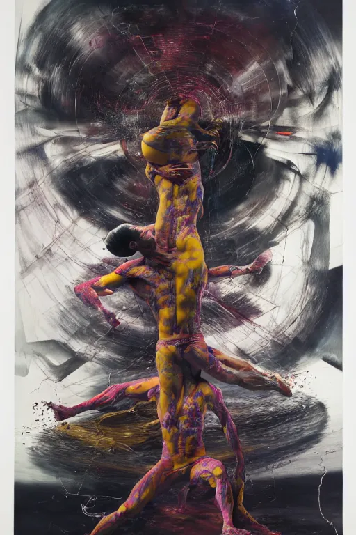 Image similar to muscular men entwined together, floating in space, zero gravity, inside a brutalist space ship, gothic, rich deep colours, painted by francis bacon, adrian ghenie, james jean and petra cortright, part by gerhard richter, part by jenny saville, part by takato yamamoto. 8 k 3 d epic