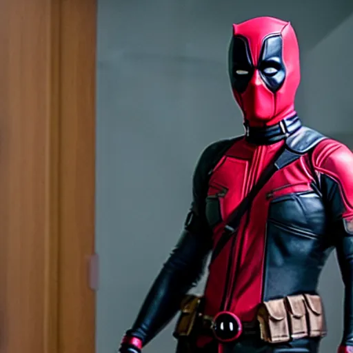 Image similar to film still of Margot Robbie as deadpool,